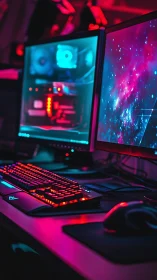 Neon gaming battlestation glows under cyberpunk lighting.