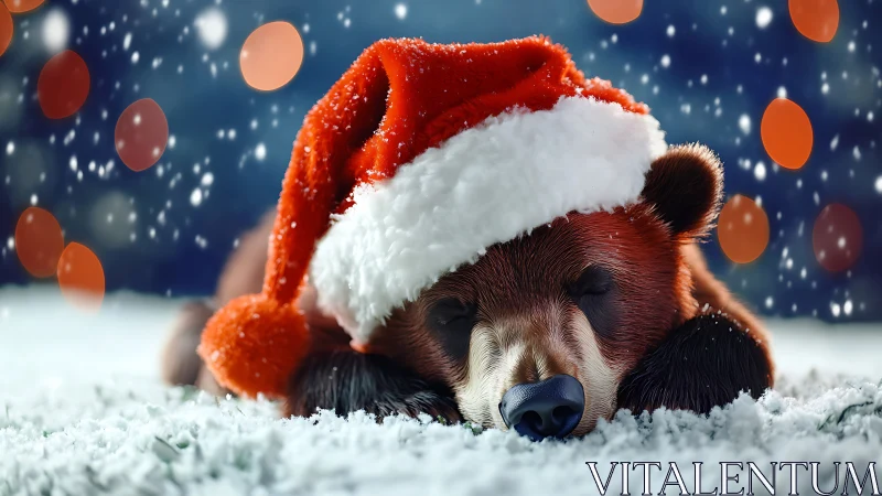 Snowy slumbering bear in oversized Santa hat dreamland.