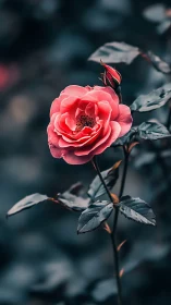 Coral Rose with Red Bud Against Dark Foliage.