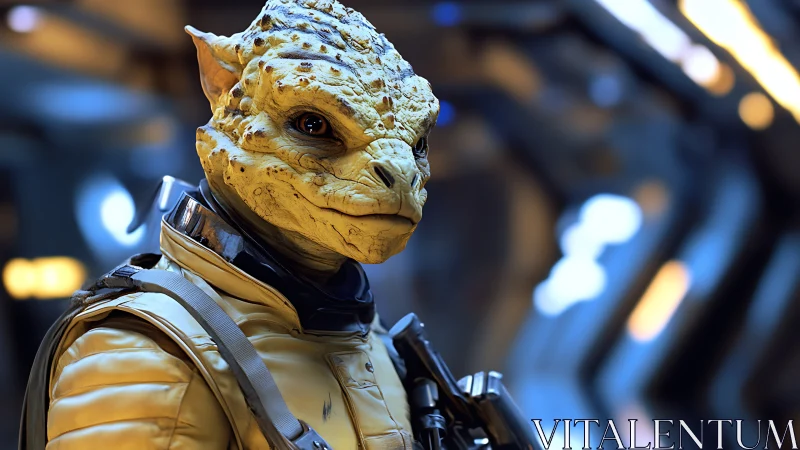 Alien reptilian soldier stands alert in futuristic starship bay.