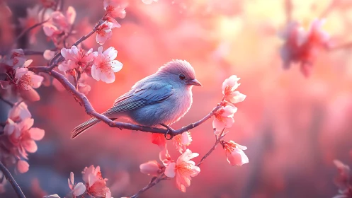 Pastel songbird rests amid glowing peach blossoms.