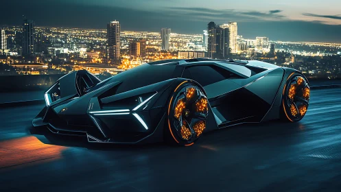 Futurist hypercar profile in nocturnal cityscape rendering.