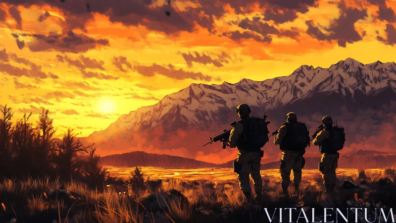 Soldiers cross a sunset valley beneath snow-capped mountains.