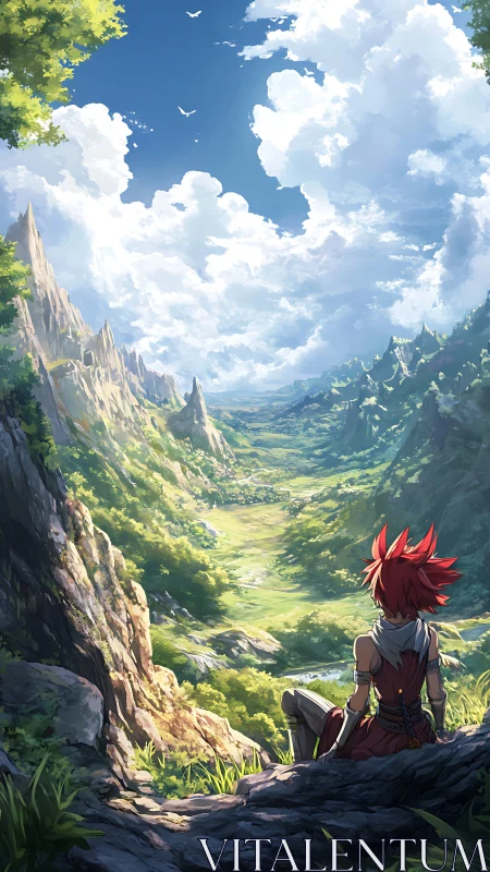 Red haired adventurer surveys vast sunlit mountain valley
