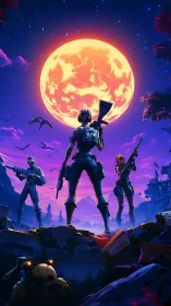 Moonlit warriors claim the neon night beneath a blazing titan