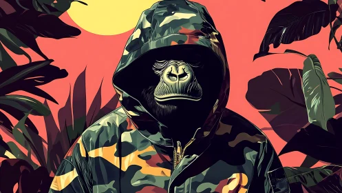 Camouflage gorilla portrait under neon jungle sunset.