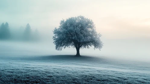 Frosted lone tree in atmospheric winter landscape study.