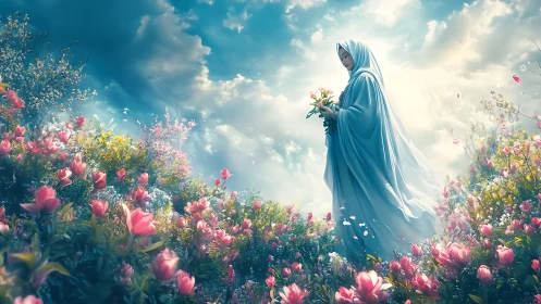 Serene veiled woman walking through radiant spring garden.