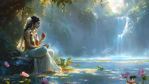 Moonlit river listens as jeweled maiden braids her prayers