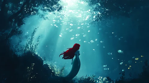Solitary mermaid observing sunlit underwater scene.