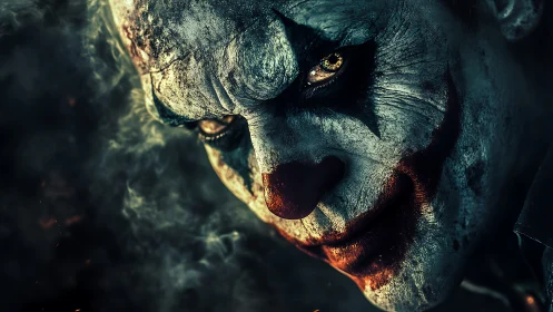Close-up portrait shows cracked clown makeup in low light