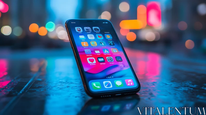 Smartphone glowing in neon cityscape with vibrant app ecosystem