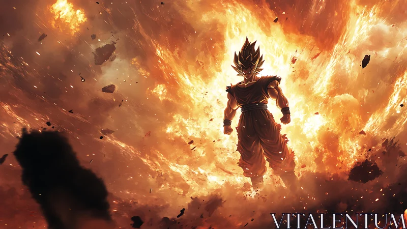 Blazing warrior ascends through a storm of shattered fire.