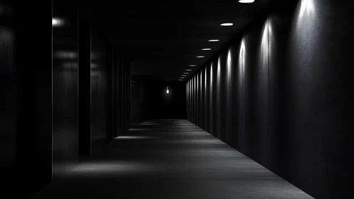 Long dark corridor with overhead downlights in perspective.