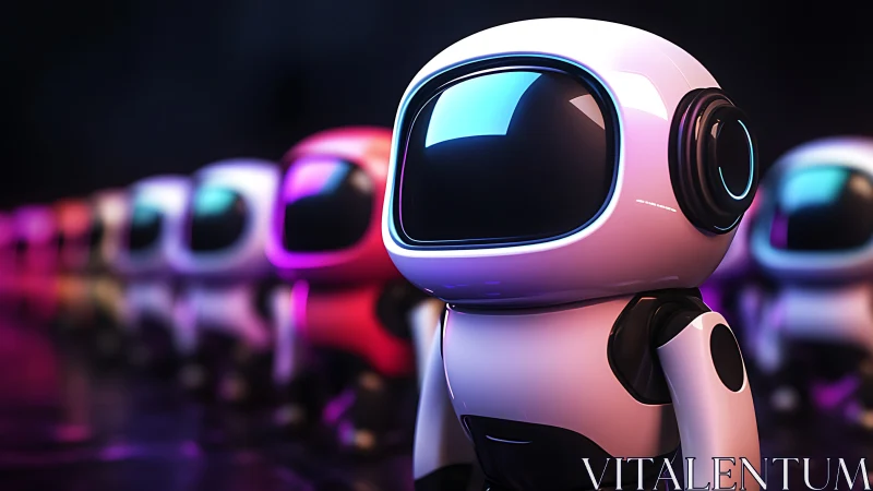 Row of glossy toy robots under colorful neon lights.