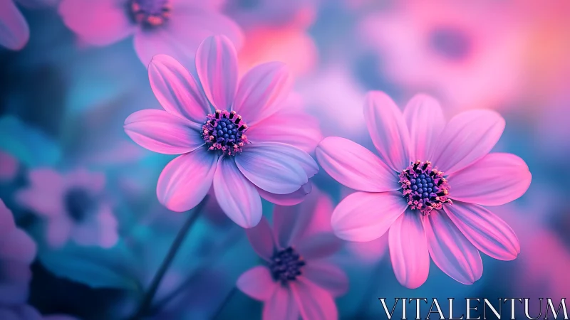 Pink daisy flowers with gradient blue backdrop display soft focus