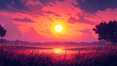 Sunset glow over quiet waters and whispering fields.