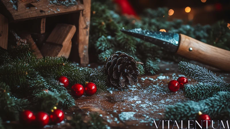 Rustic Christmas pinecone still life with frosted greenery.