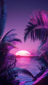 Neon sunset sinks behind tropical palms in dreamy stillness