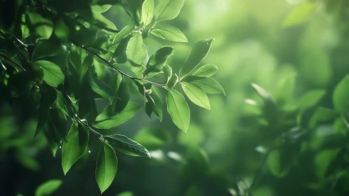 Sunlit green leaves on branch in soft-focus natural background.