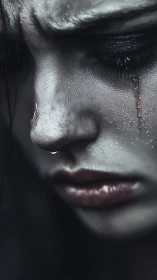 Tearstreaked face holds downward gaze under cold light