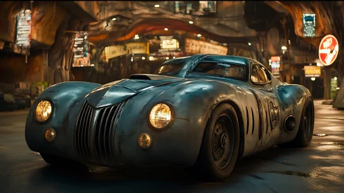 Streamlined retro coupe is parked in a wet urban tunnel