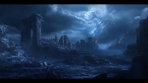 Ancient ruined city lies under a stormy, moonlit sky