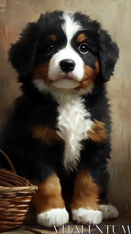 Bernese mountain puppy portrait in painterly oil detail.