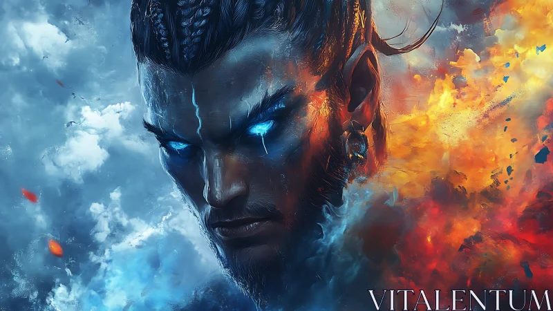 Elemental warrior between ice and fire, glowing with resolve.