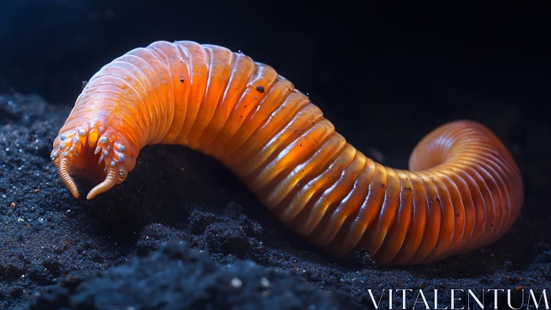 Macro study of segmented orange worm on black substrate.