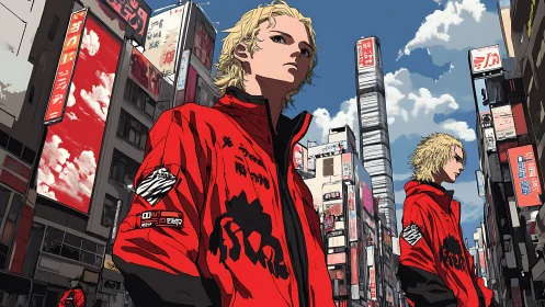 Blonde street gang trio patrols neon city canyon skyline.