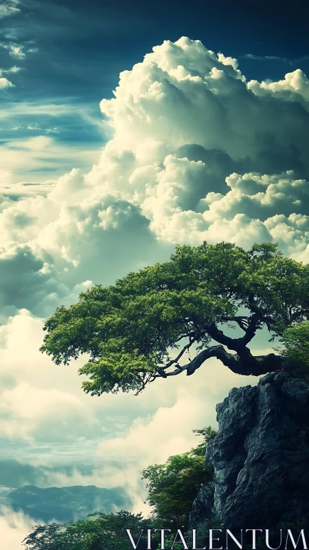 Solitary windswept tree crowns a cliff against towering cumulus