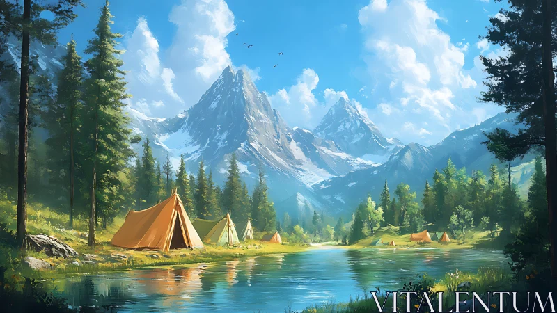 Sunlit mountain campground mirrored in glassy river calm.