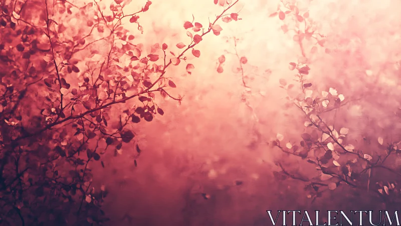 Branch silhouettes and small leaves fade into pink light haze