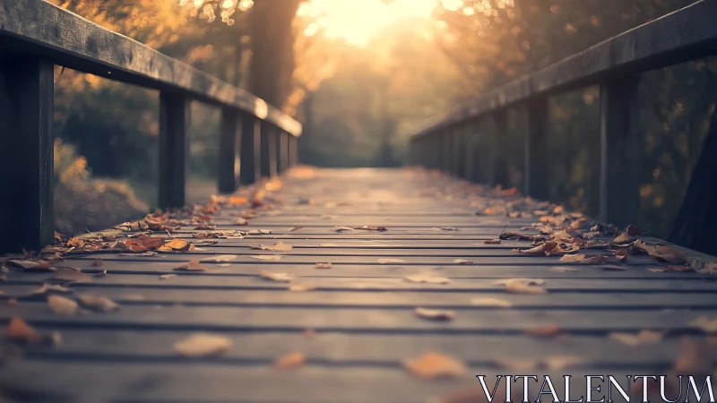 Wooden forest boardwalk in soft golden hour backlight.