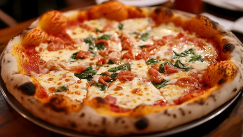 Neapolitan pizza close-up with melted cheese and basil glow.