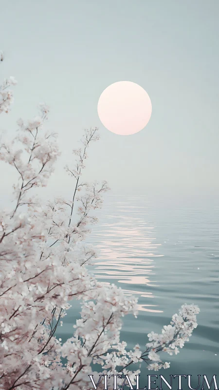 Pale sun over calm water behind soft pink blossom branches