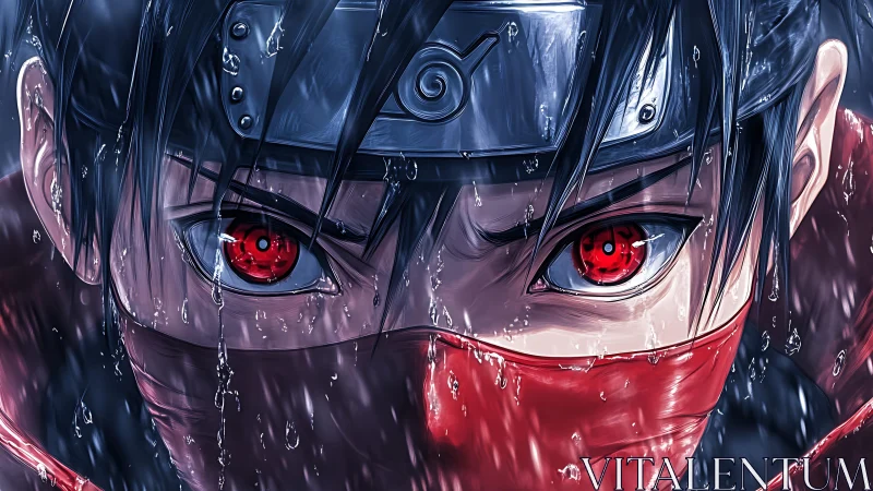 Scarlet-eyed ninja glares through storm-soaked darkness