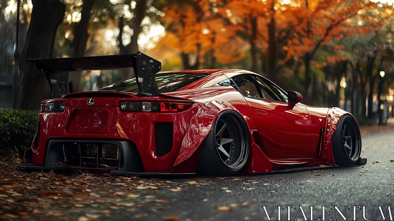 Widebody Lexus coupe with extreme camber parked under autumn trees