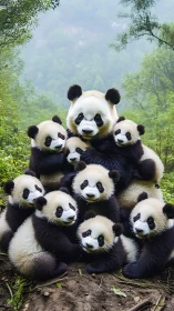 Group of giant panda cubs clustered in forest setting.