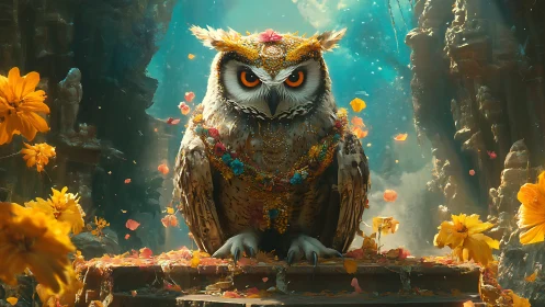 Regal jeweled owl enthroned in luminous floral ruins.