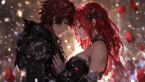 Anime lovers in armor embrace under falling petals.