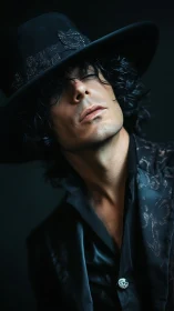 Moody portrait of stylish man in wide black hat and silk coat.
