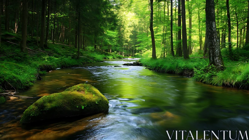 Forest Stream with Moss-Covered Boulder and Deciduous Canopy