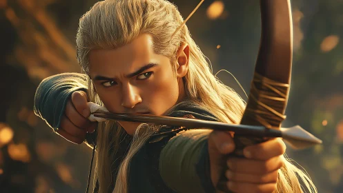 Focused elf archer draws a glowing arrow in forest light.