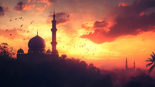 Sunset mosque silhouette with birds against vivid sky.
