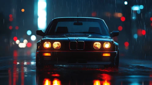 Midnight rain runner, retro BMW stalking neon streets.