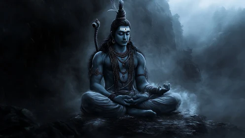 Lord Shiva meditates in ethereal blue misted mountains