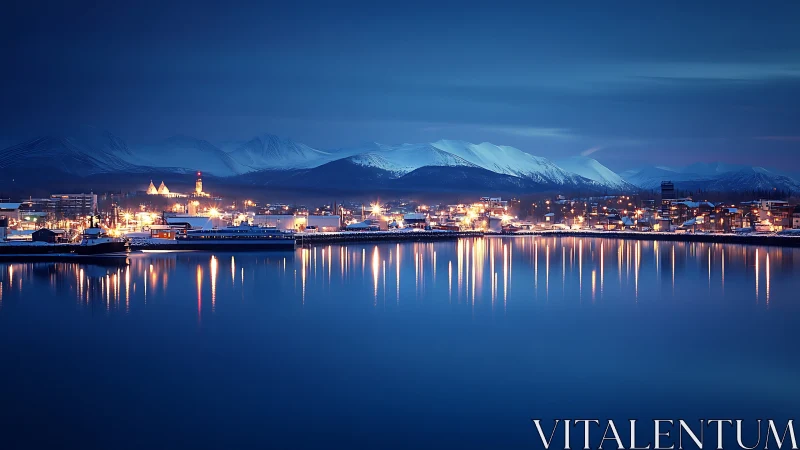 Midnight harbor shimmers while Arctic peaks quietly listen