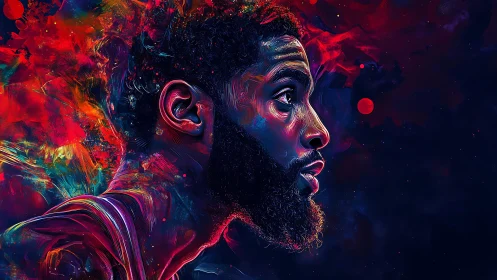 Side profile digital portrait in multicolor neon palette.